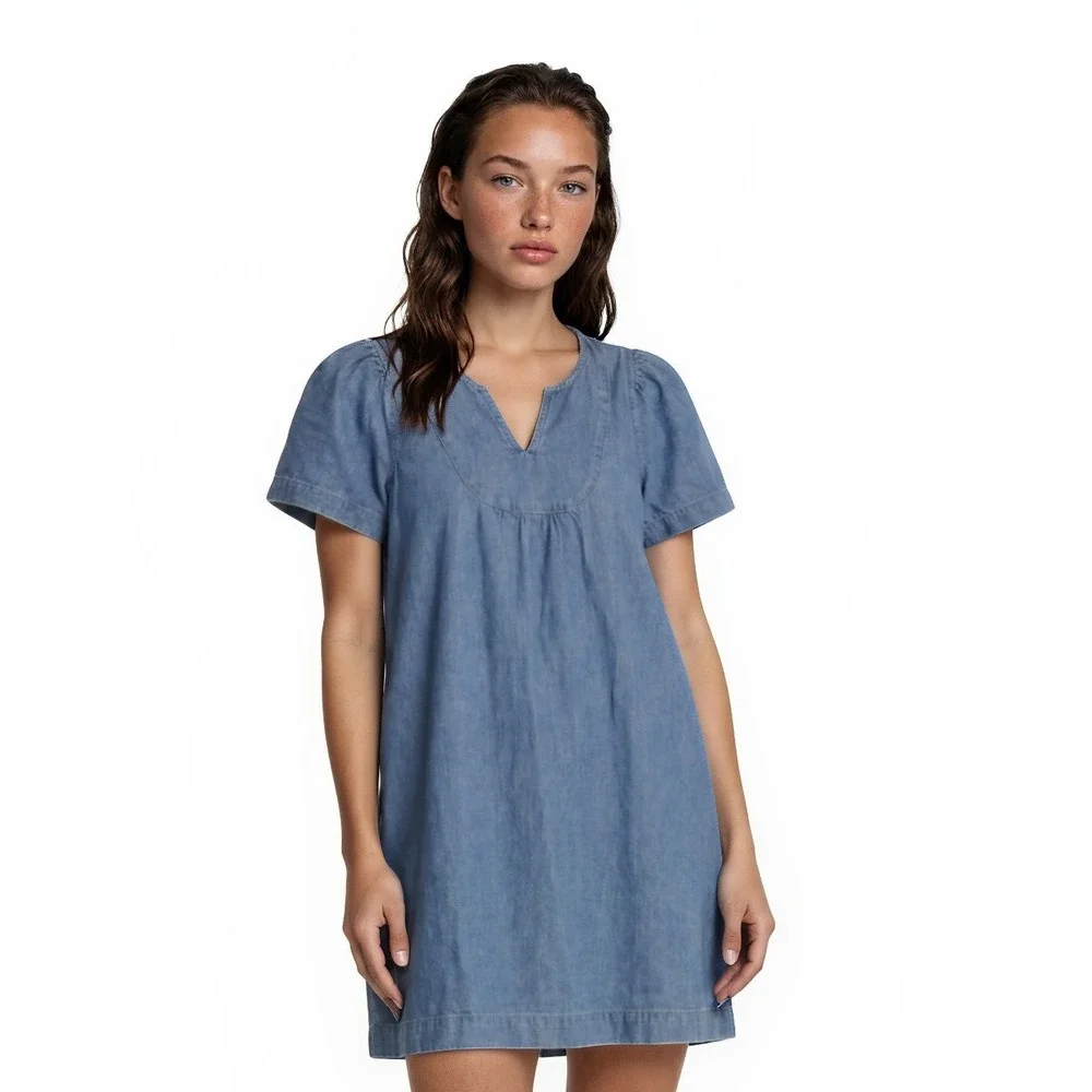 Madewell Denim Shift Dress Womens‎ Size XS Blue Cotton Linen Puff Sleeve